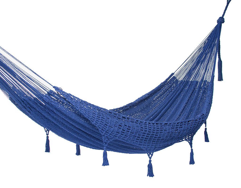 Outdoor undercover cotton Mayan Legacy hammock crocheted tassels King Size Blue