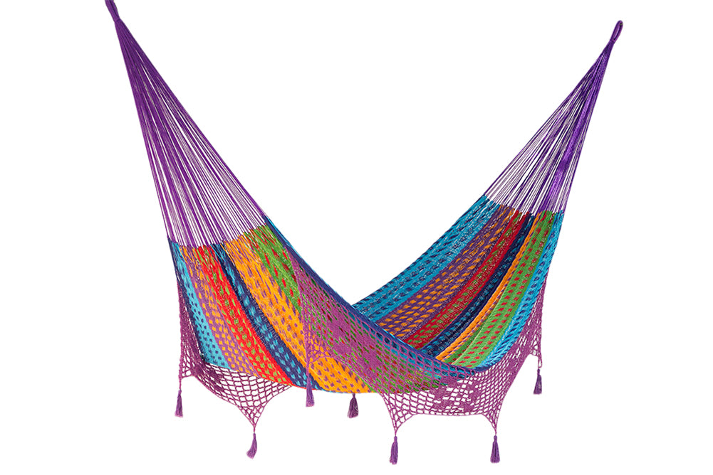 Outdoor undercover cotton Mayan Legacy hammock with crocheted tassels King Size Colorina