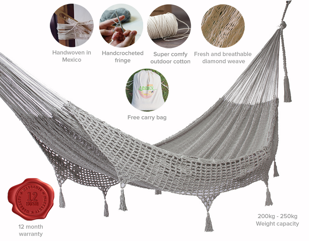 Outdoor undercover cotton Mayan Legacy hammock with crocheted tassels King Size Dream Sands