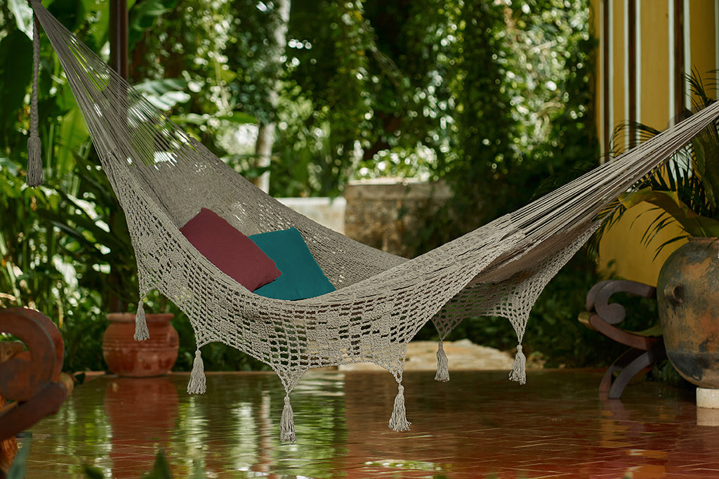 Outdoor undercover cotton Mayan Legacy hammock with crocheted tassels King Size Dream Sands