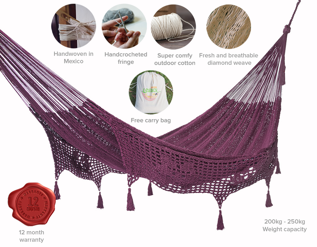 Outdoor undercover cotton Mayan Legacy hammock with hand crocheted tassels King Size 