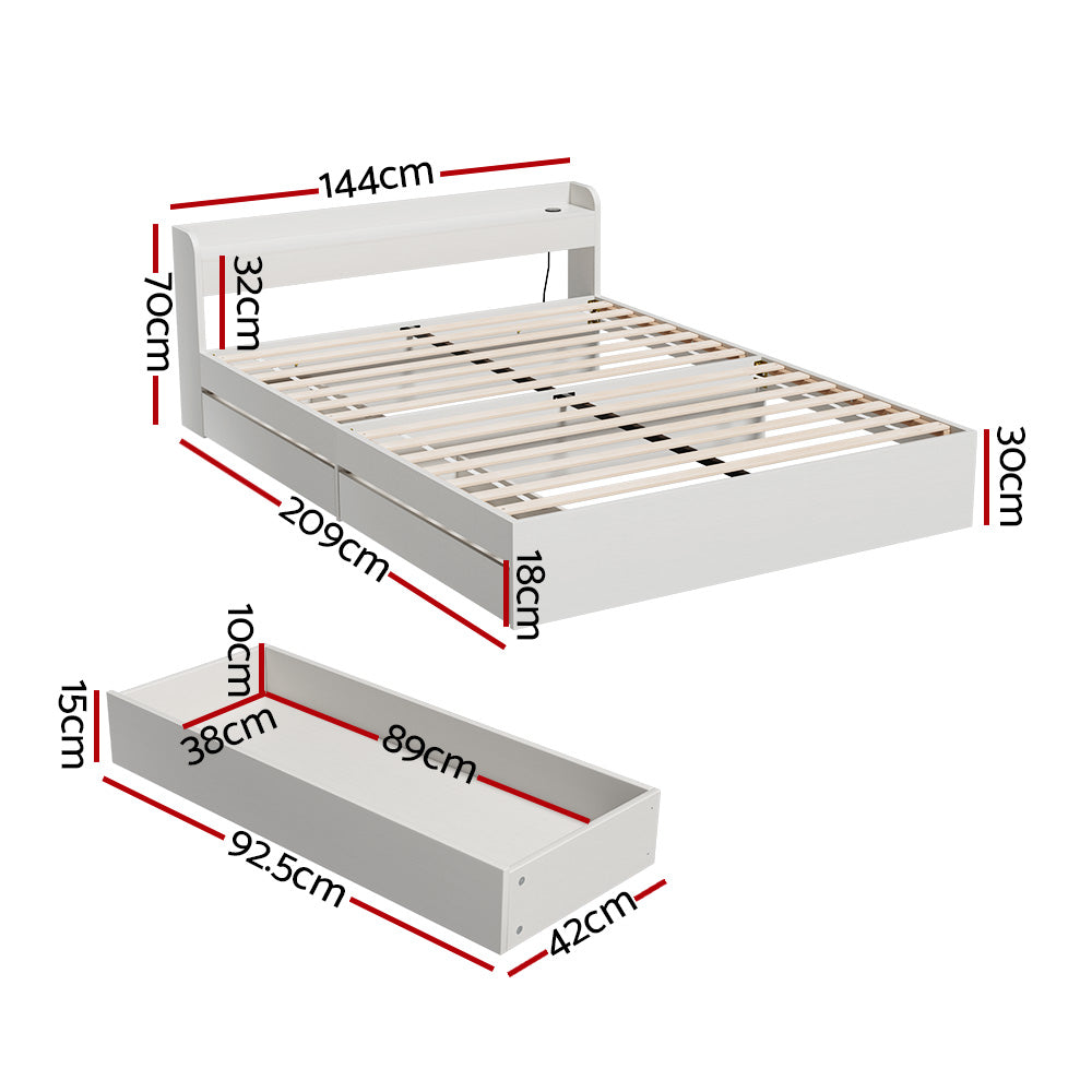  Double size Bed Frame Mattress Base with Charging Ports and 2 Storage Drawers