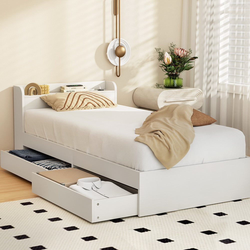 Single size Bed Frame Mattress Base with Charging Ports and 2 Storage Drawers