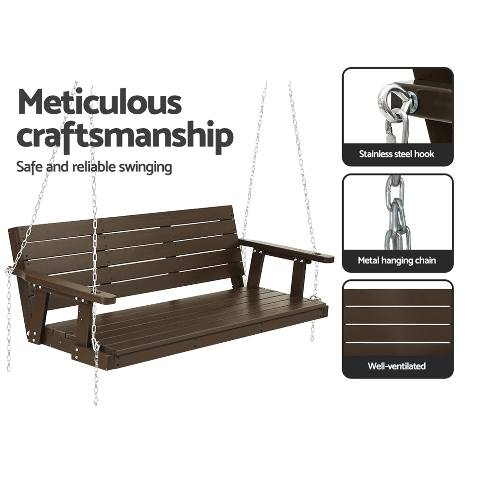 3 Seater Brown Porch Swing Chair with Chain Wooden Garden Bench