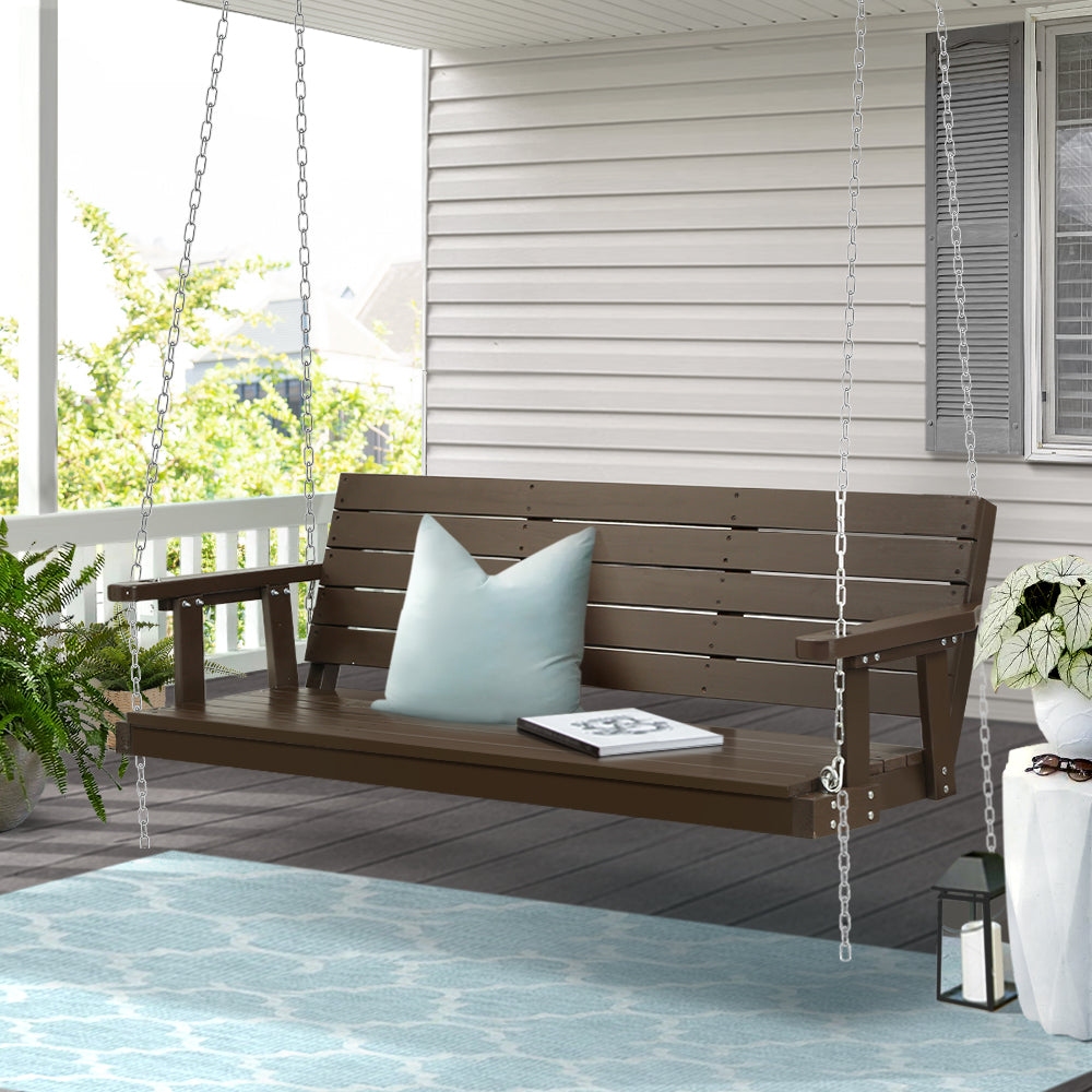 3 Seater Brown Porch Swing Chair with Chain Wooden Garden Bench