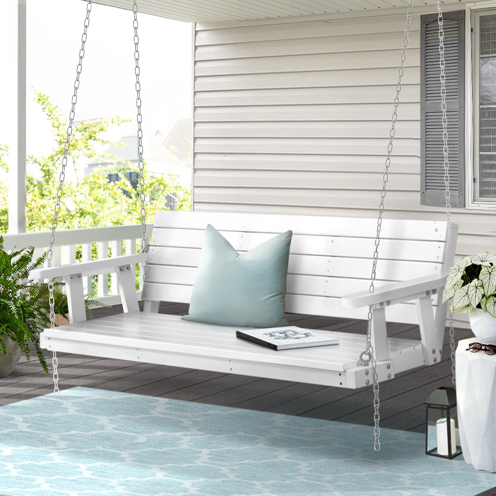 3 Seater White Porch Swing Chair with Chain Wooden Garden Bench