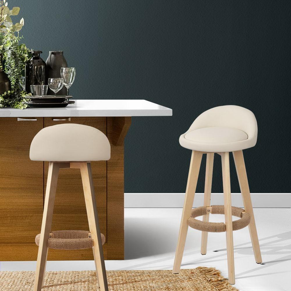 Set of 2 RAYMOND Leather Bar Stools - Beige - House Things Furniture > Bar Stools & Chairs