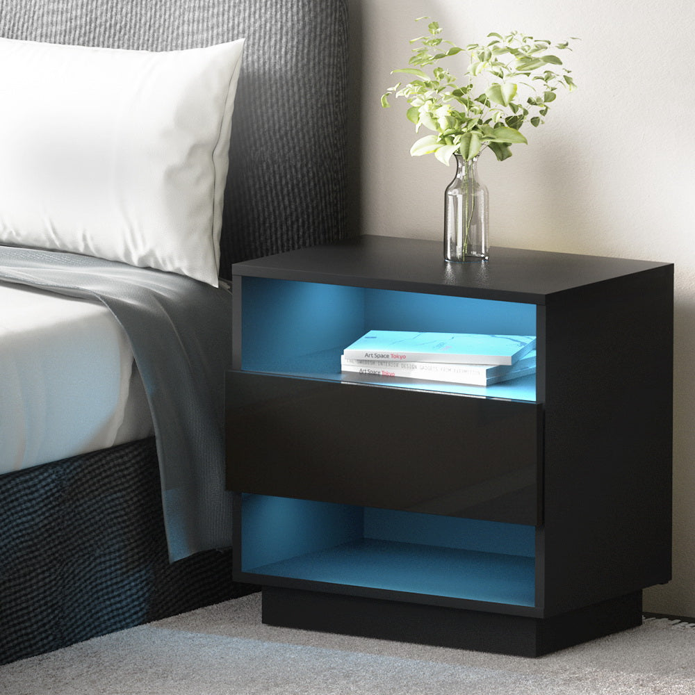 LED Bedside Tables Side Table High Gloss Black - House Things Furniture > Bedroom