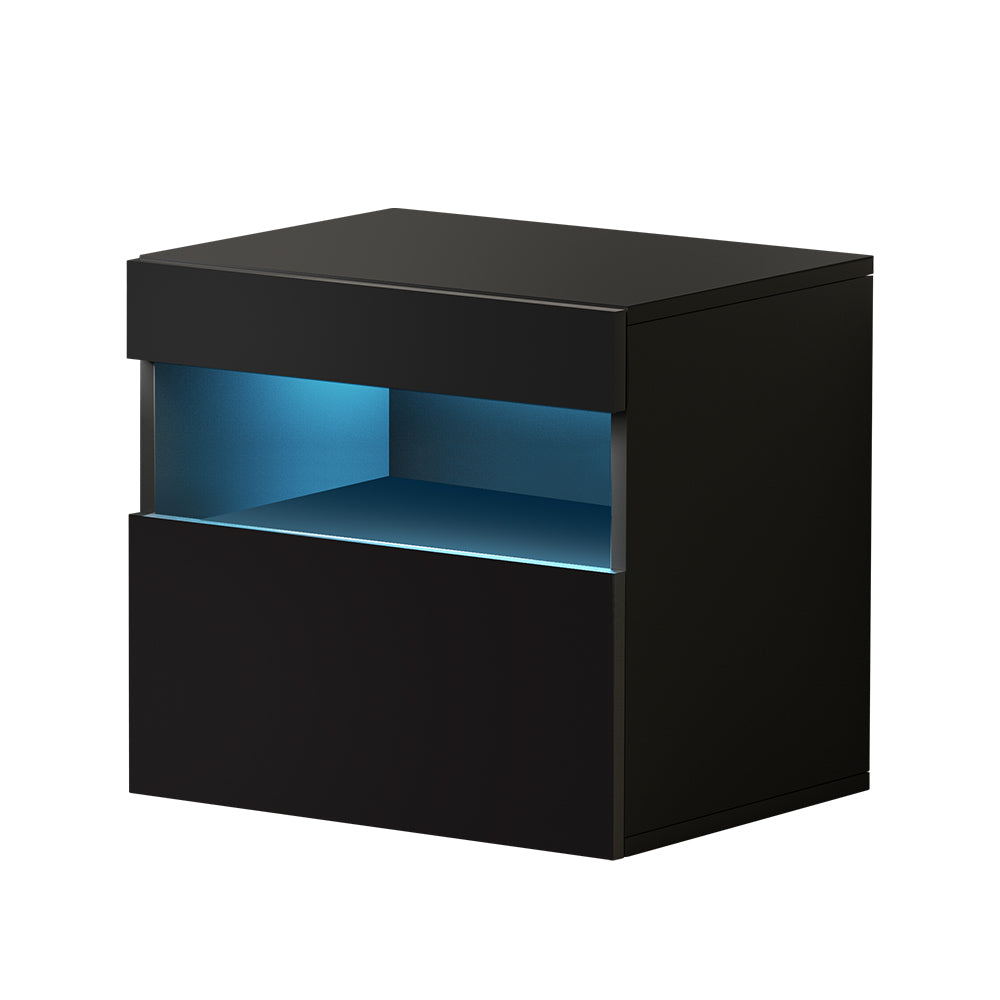 LED Gloss Bedside Tables Drawers Side Table Black - House Things Furniture > Bedroom