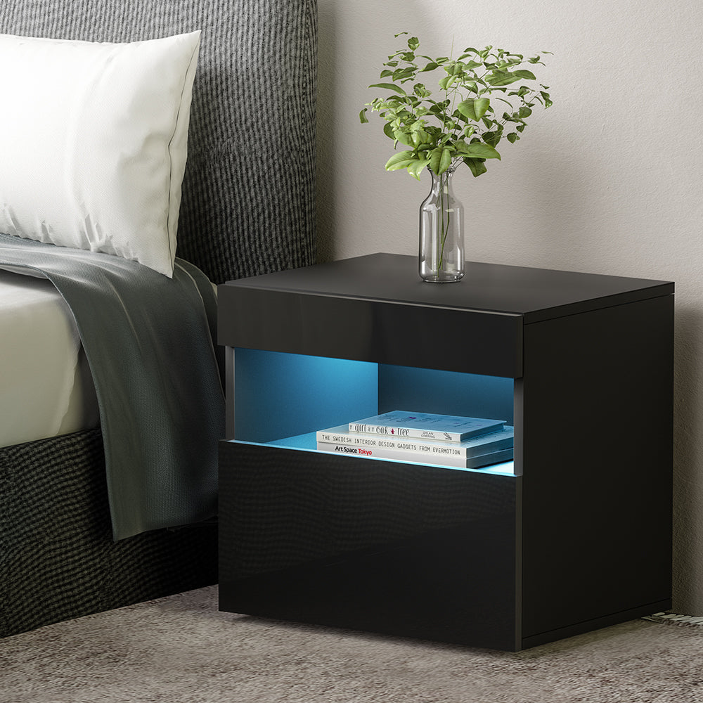 LED Gloss Bedside Tables Drawers Side Table Black - House Things Furniture > Bedroom