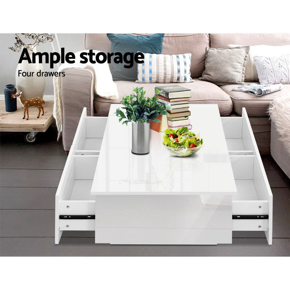 Modern Coffee Table 4 Storage Drawers High Gloss Living Room Furniture White