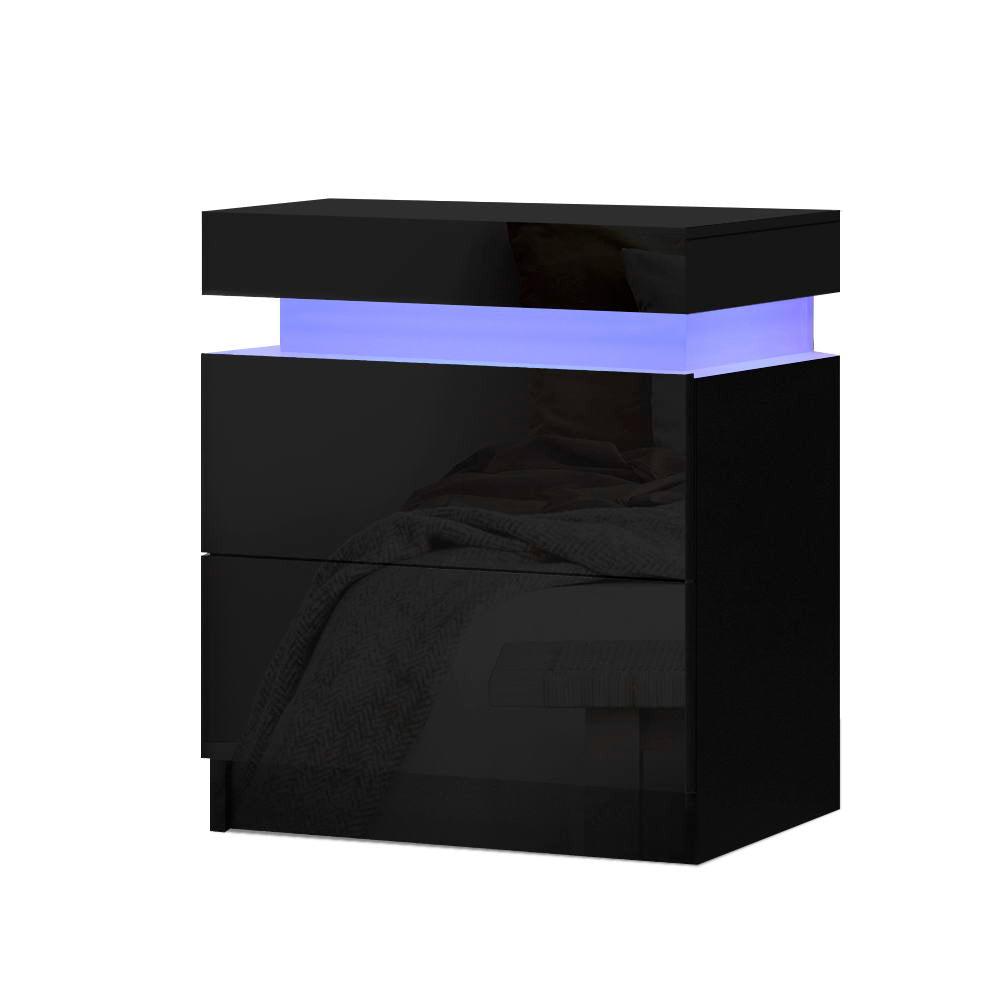 Bedside Tables Side Drawers RGB LED High Gloss Black - House Things 