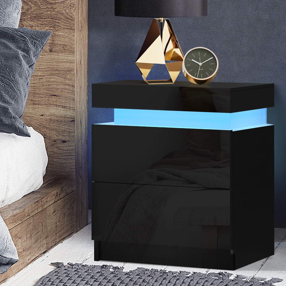 Bedside Tables Side Drawers RGB LED High Gloss Black - House Things 