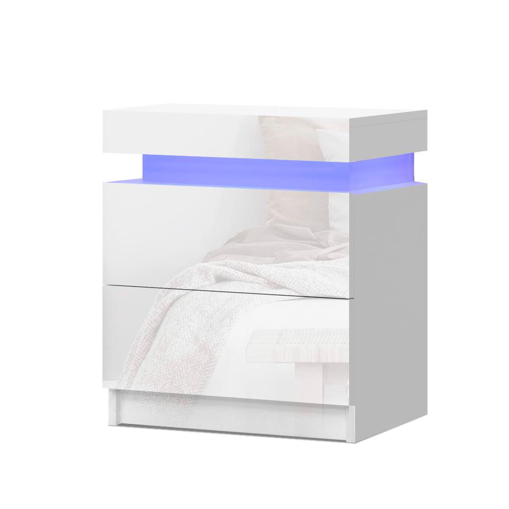 Bedside Tables Side Table Drawers RGB LED High Gloss Nightstand White - House Things 