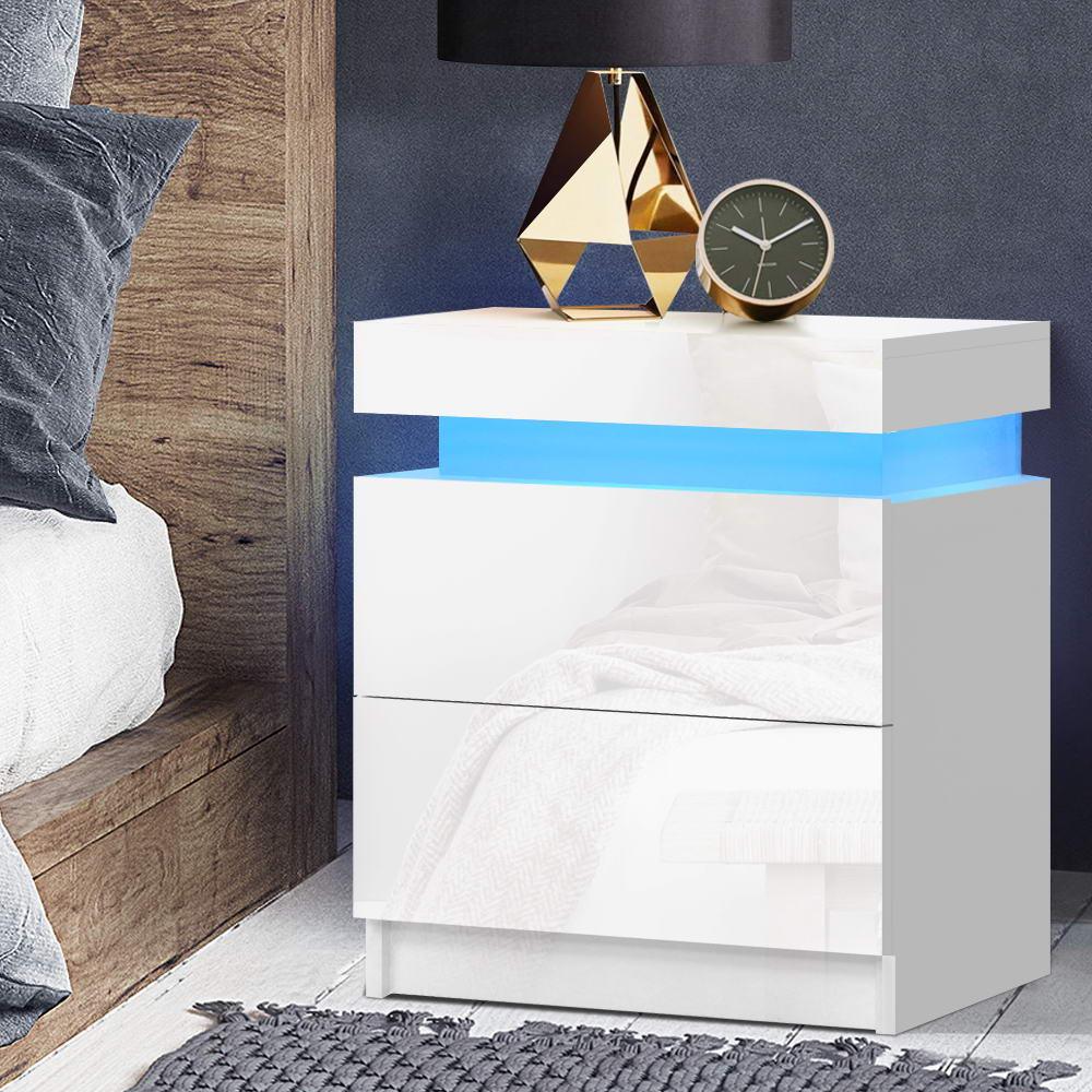 Bedside Tables Side Table Drawers RGB LED High Gloss Nightstand White - House Things 