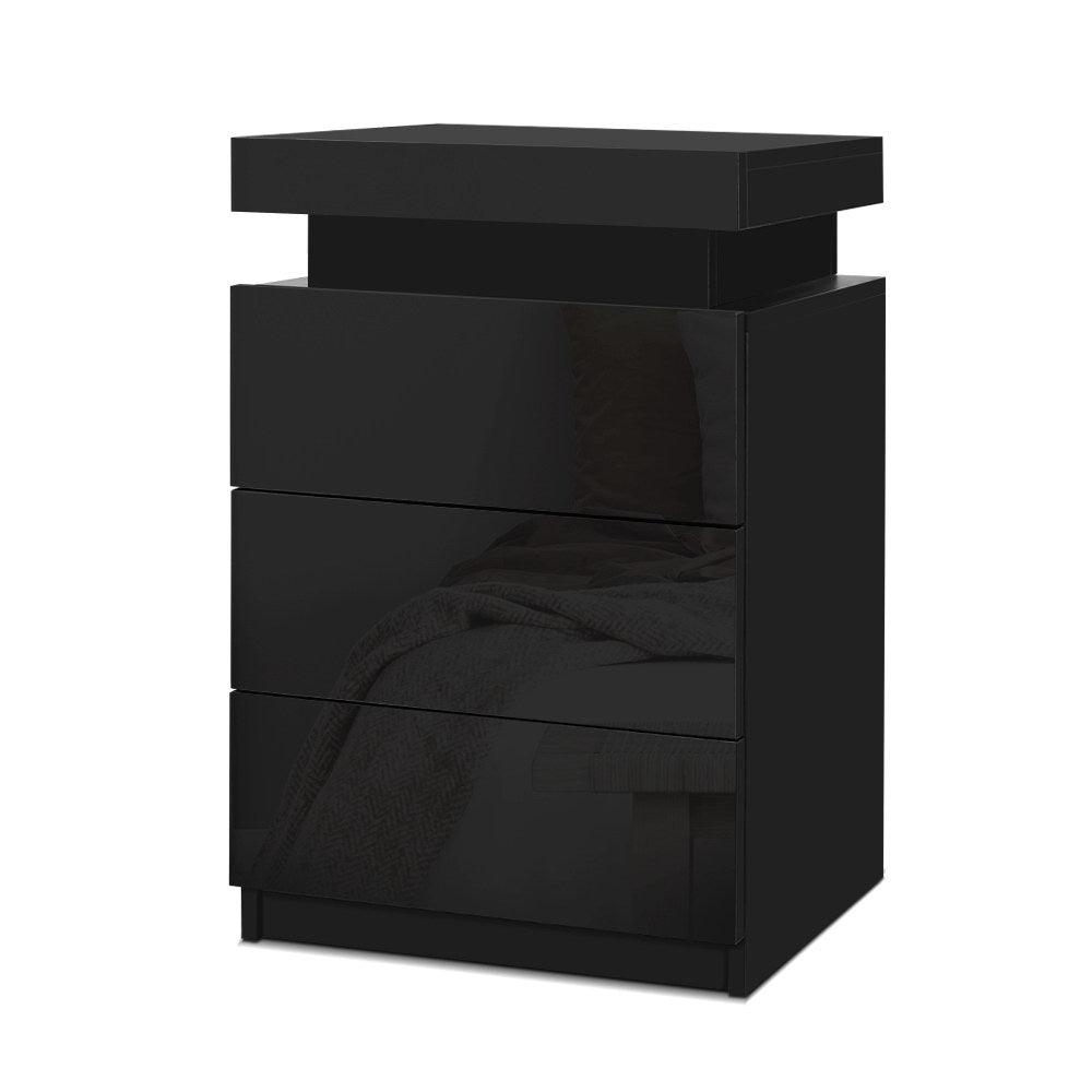 Bedside Tables Side Table 3 Drawers RGB LED High Gloss Nightstand Black - House Things 