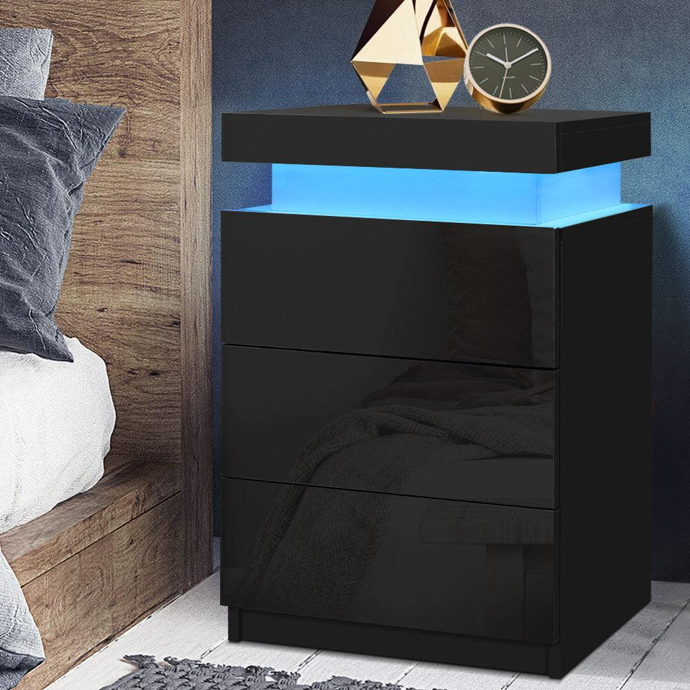 Bedside Tables Side Table 3 Drawers RGB LED High Gloss Nightstand Black - House Things 