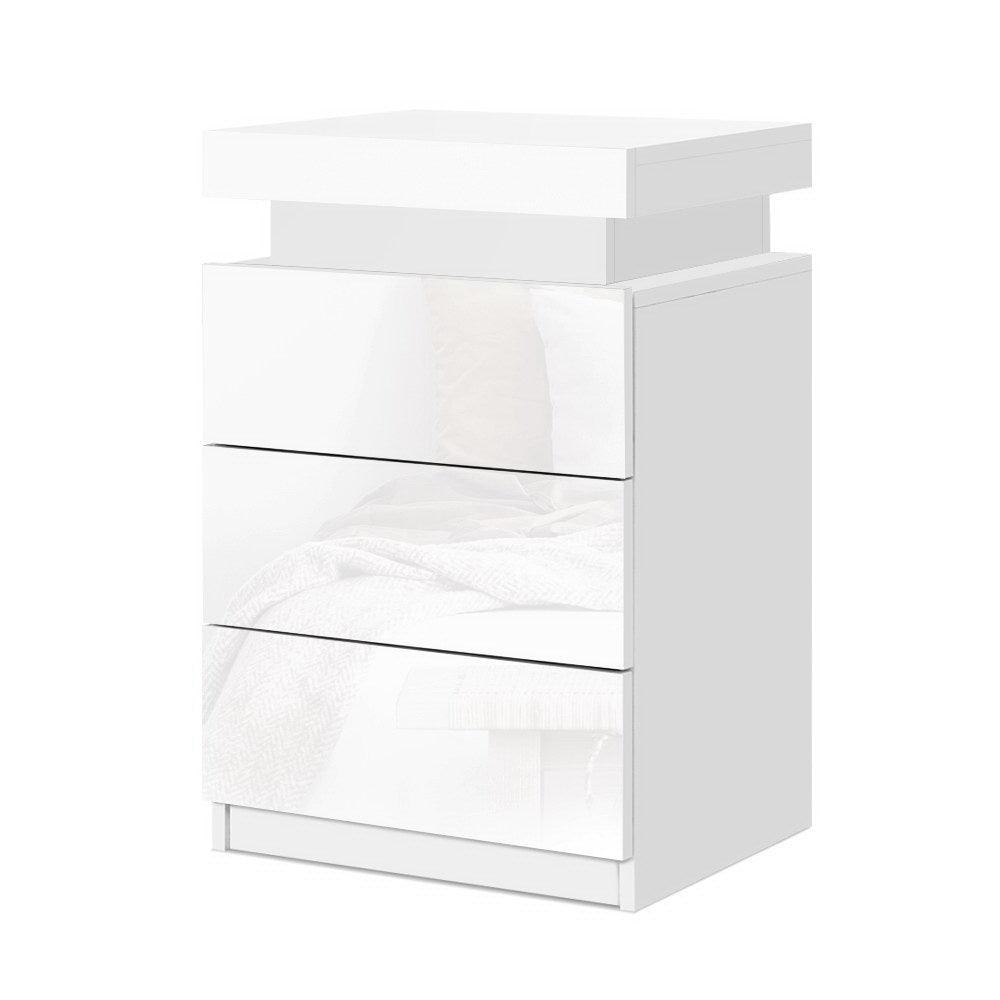 Bedside Tables 3 Drawers RGB LED High Gloss White - House Things 