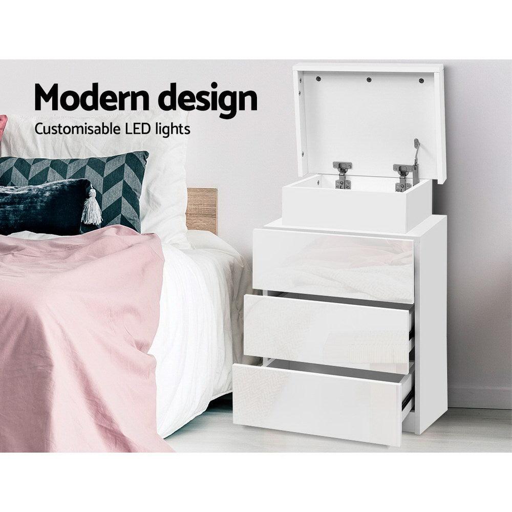 Bedside Tables 3 Drawers RGB LED High Gloss White - House Things 