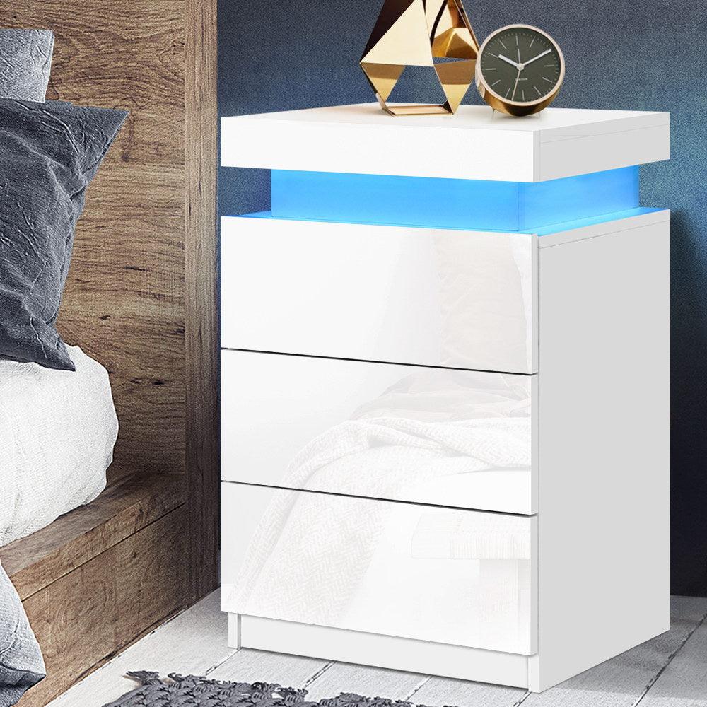 Bedside Tables 3 Drawers RGB LED High Gloss White - House Things 