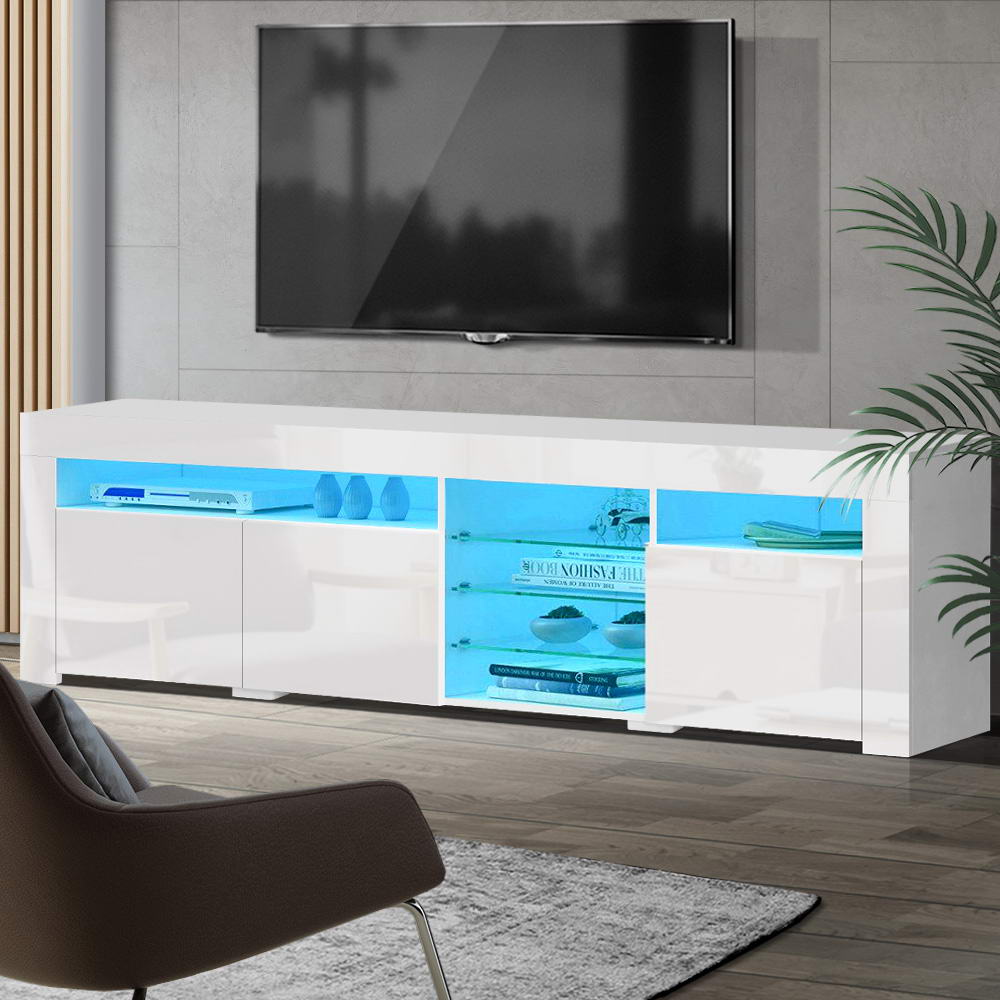 TV Cabinet Entertainment Unit Stand RGB LED Gloss 3 Doors 180cm White