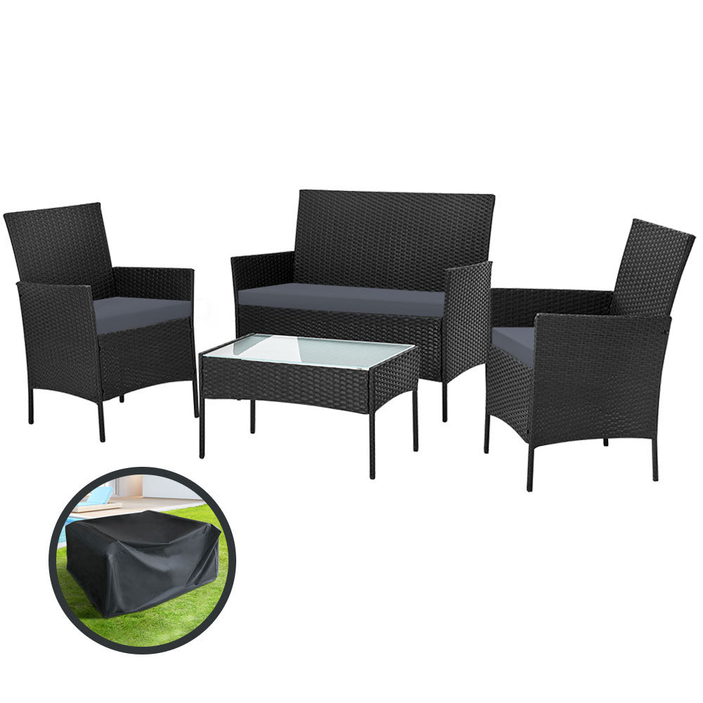 4pc Helios Outdoor Black Wicker Lounge Sofa Furniture Set with Storage Cover