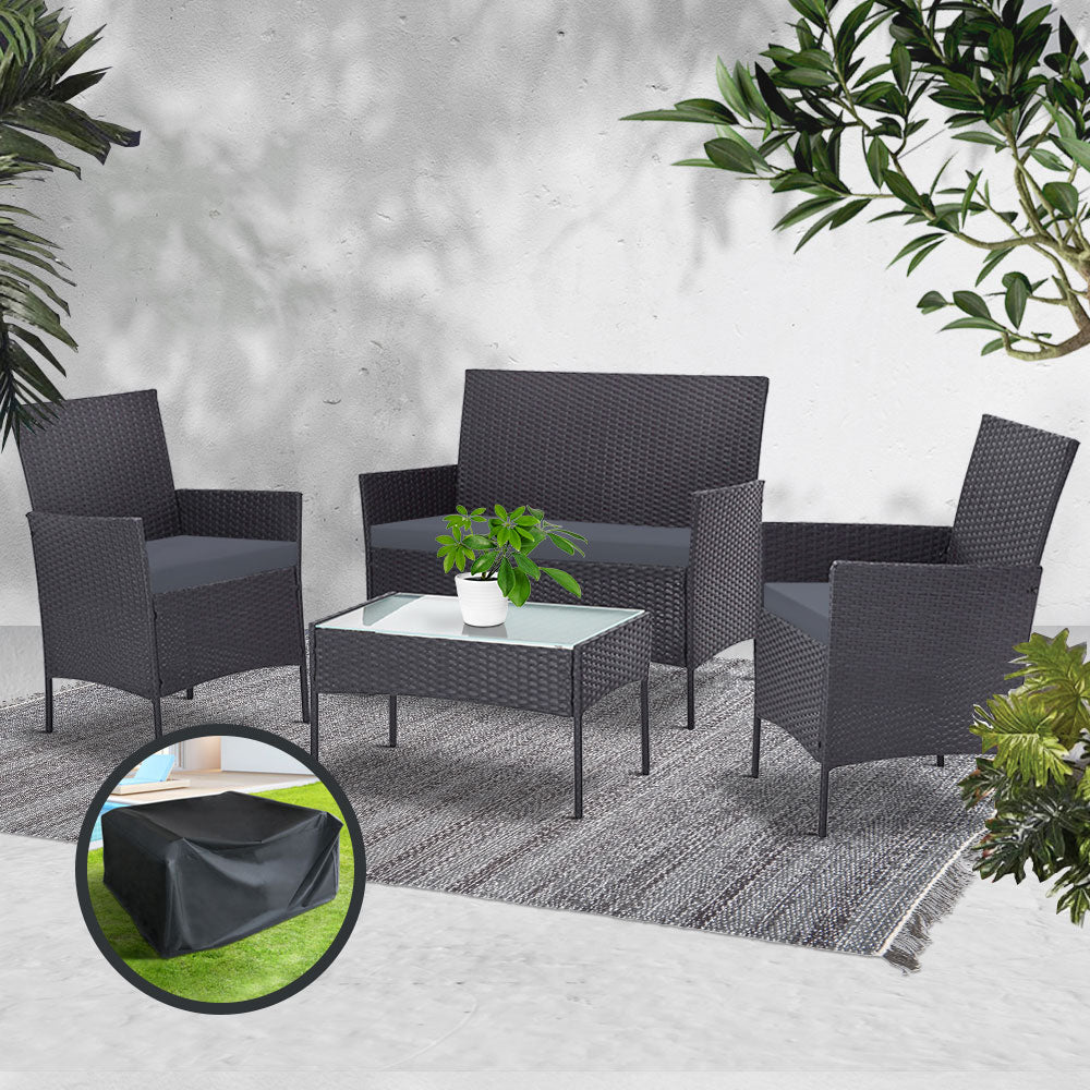 4pc Helios Outdoor Grey Wicker Lounge Sofa Furniture Set with Storage Cover