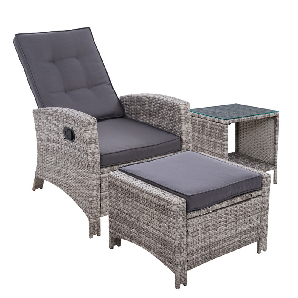 Outdoor Setting Recliner Chair & Table Set Wicker lounge Grey