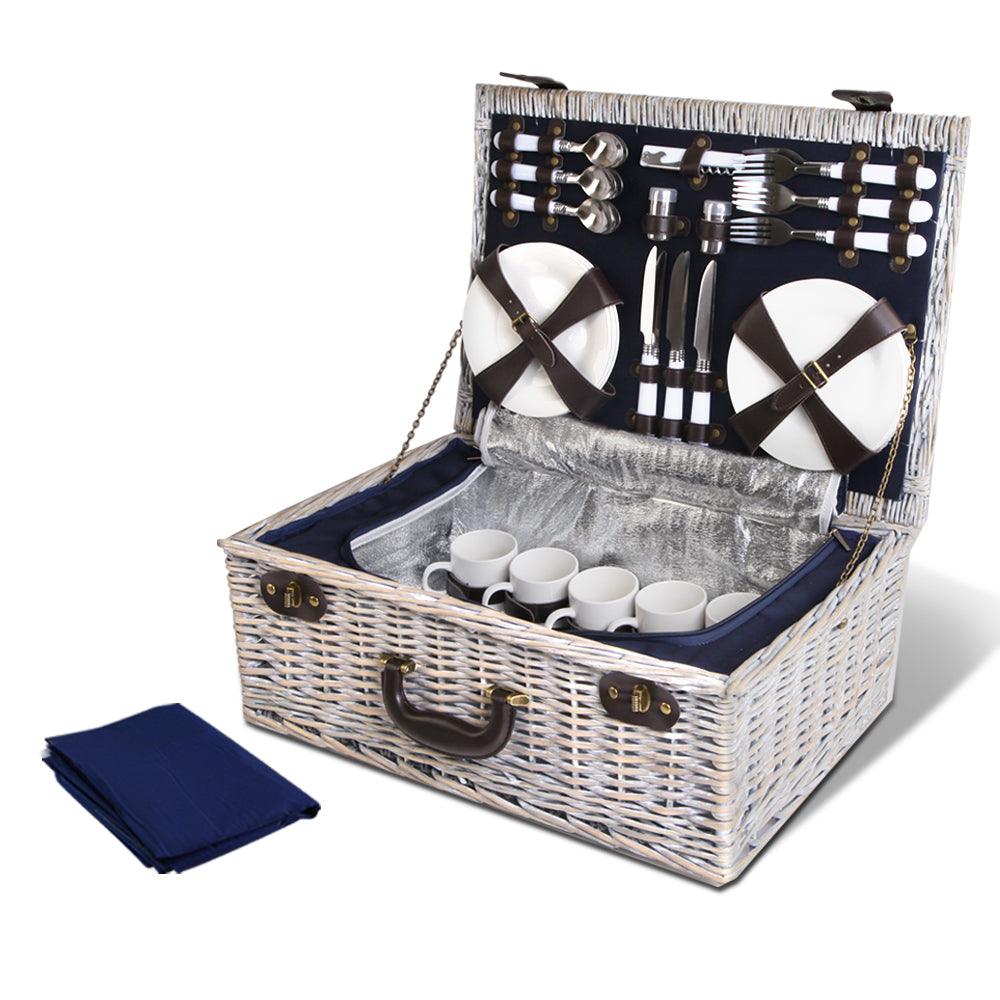 Alfresco 6-Person Picnic Basket Cooler Bag Wicker PU Fastening Straps Plates - House Things 