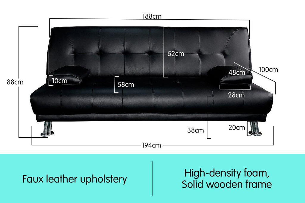 Jason 3 Seater Sofa Bed Faux Leather - Black - Housethings 