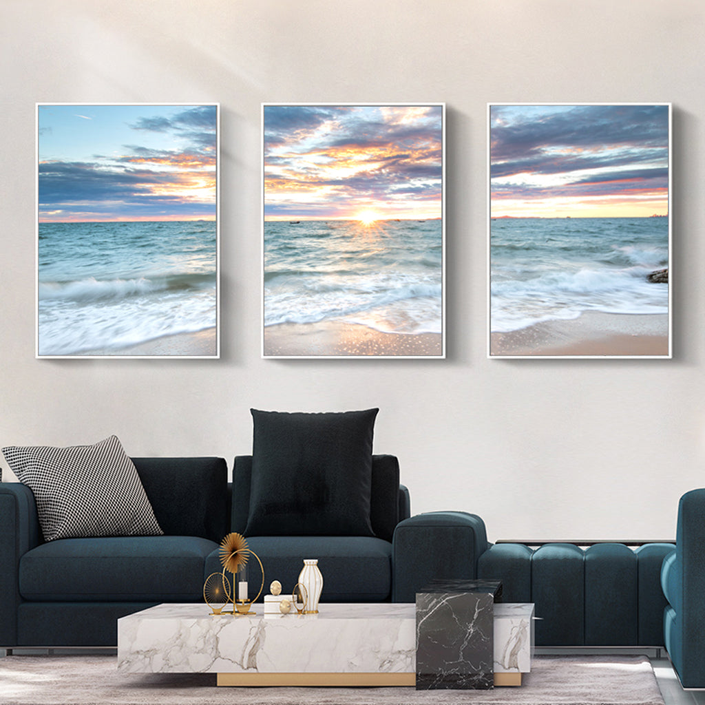 50cmx70cm Sunrise by the ocean 3 Sets White Frame Canvas Wall Art