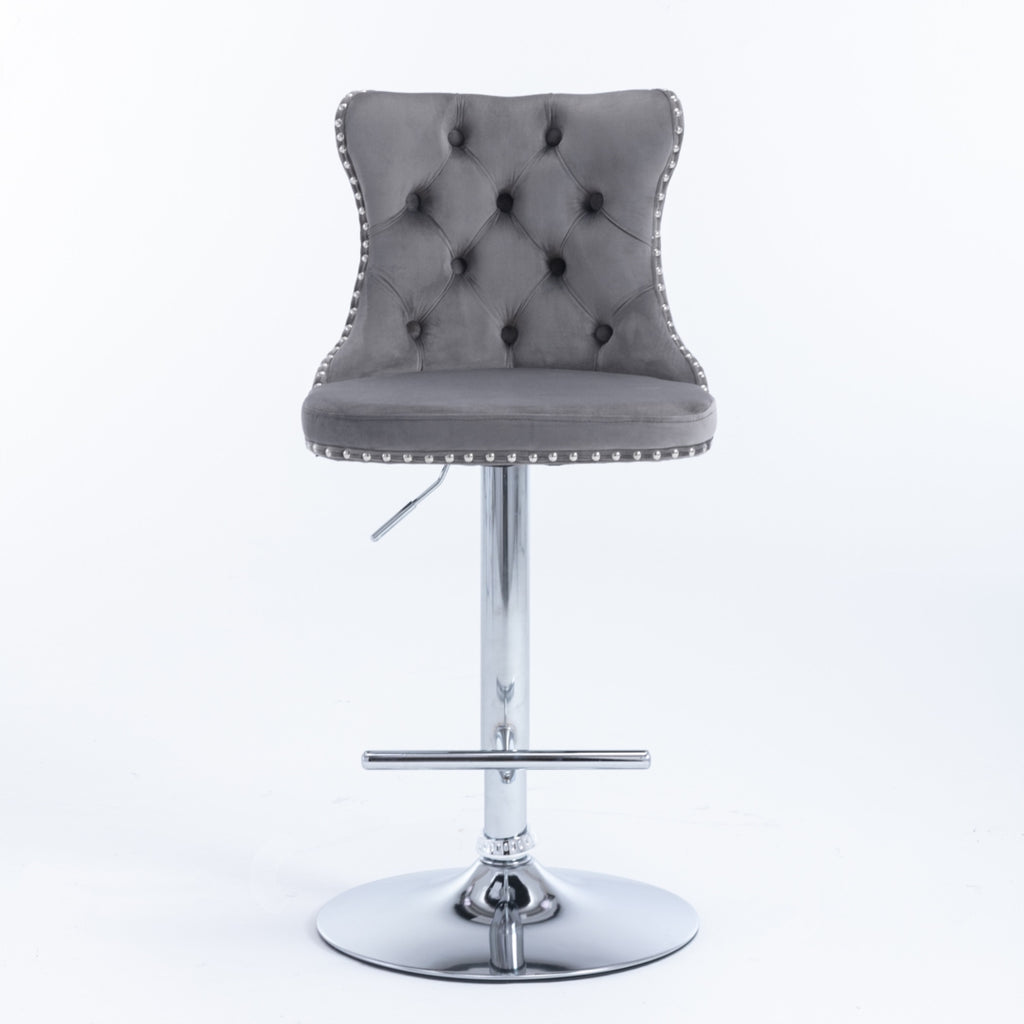 Oldham Swivel Bar Stool Grey Velvet Barstools Chromed Base