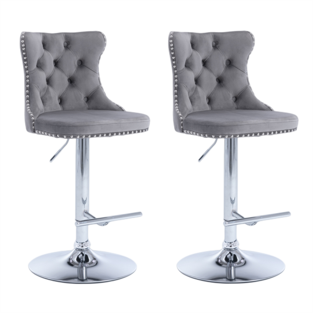 Oldham Swivel Bar Stool Grey Velvet Barstools Chromed Base