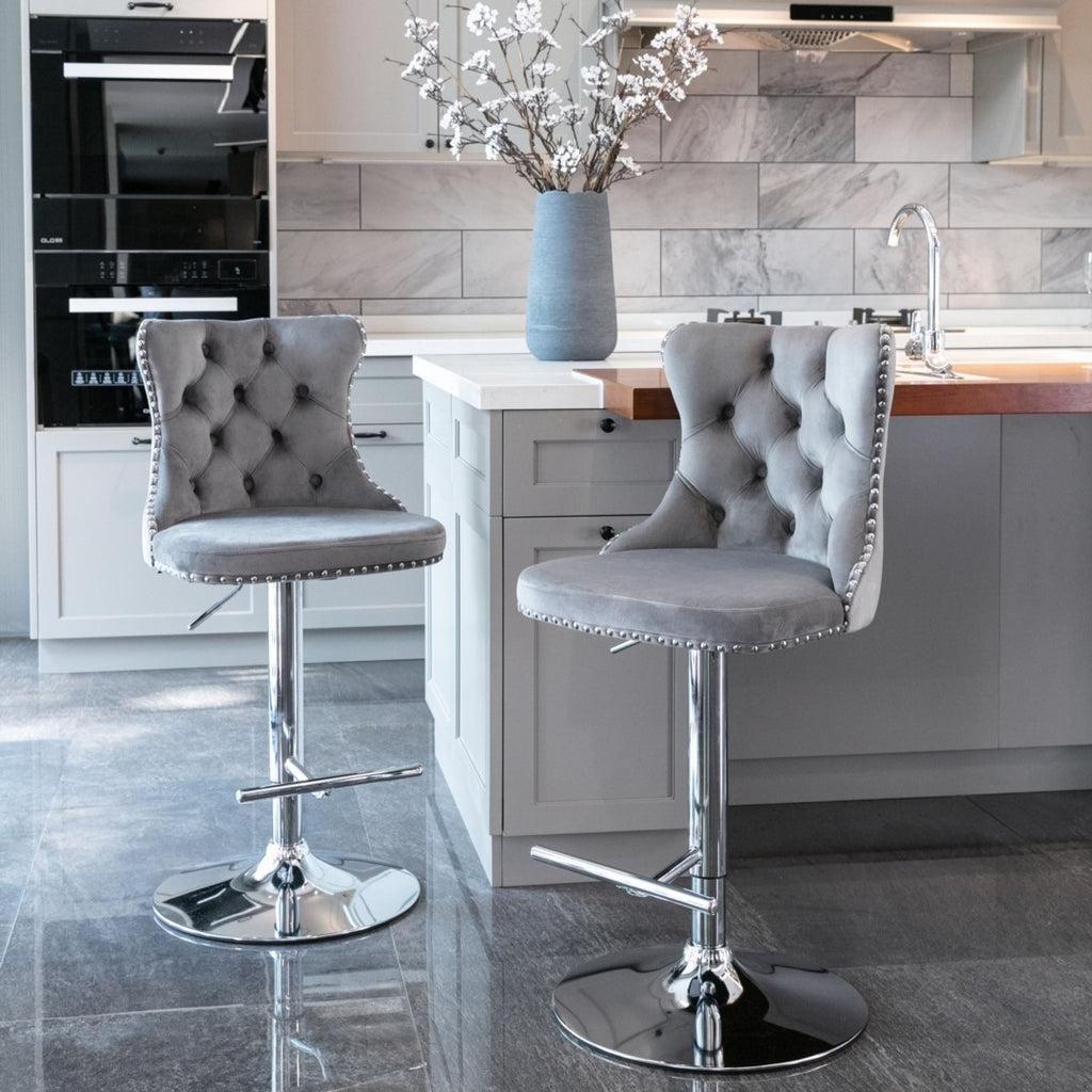 Oldham Swivel Bar Stool Grey Velvet Barstools Chromed Base