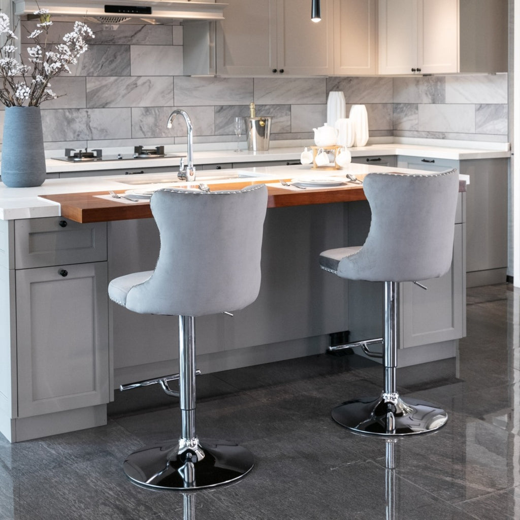 Oldham Swivel Bar Stool Grey Velvet Barstools Chromed Base