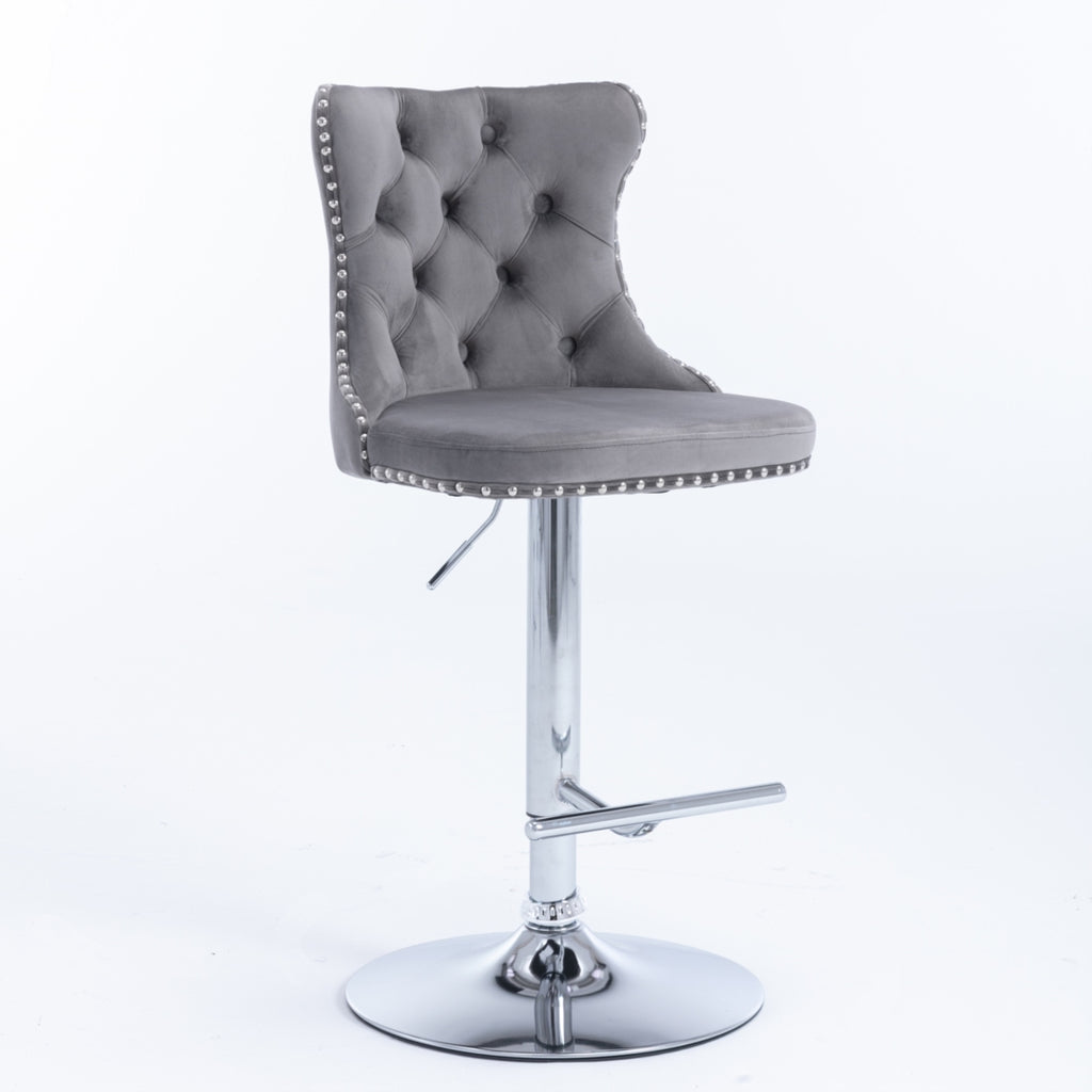 Oldham Swivel Bar Stool Grey Velvet Barstools Chromed Base