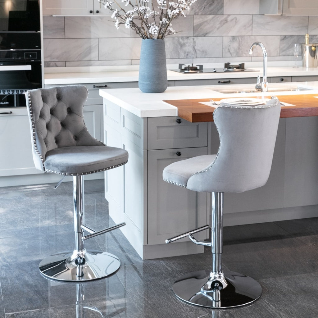 Oldham Swivel Bar Stool Grey Velvet Barstools Chromed Base