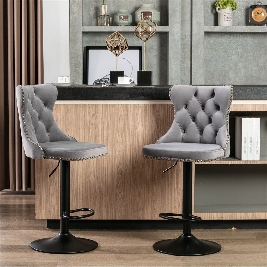 2x Height Adjustable Velvet Swivel Bar Stool with Footrest