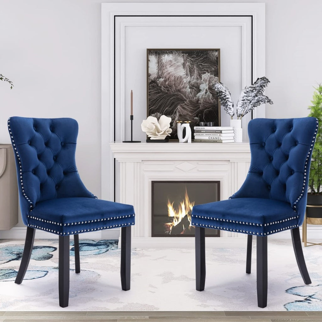 2x Velvet Dining Chairs Upholstered Tufted Kitchen Chair with Solid Wood Legs Stud Trim and Ring-Blue