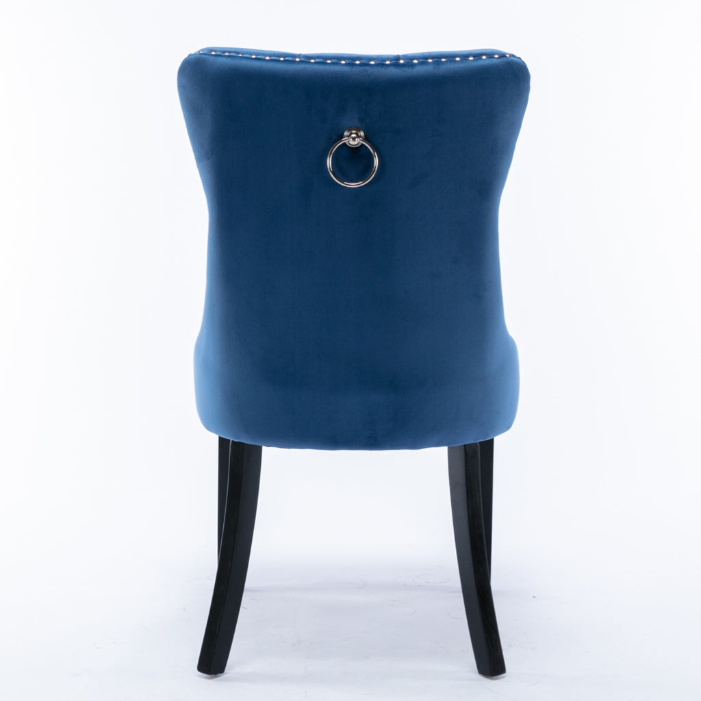 2x Velvet Dining Chairs Upholstered Tufted Kitchen Chair with Solid Wood Legs Stud Trim and Ring-Blue