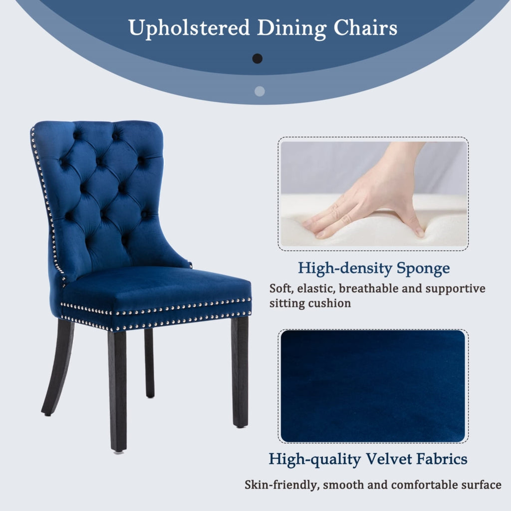 2x Velvet Dining Chairs Upholstered Tufted Kitchen Chair with Solid Wood Legs Stud Trim and Ring-Blue