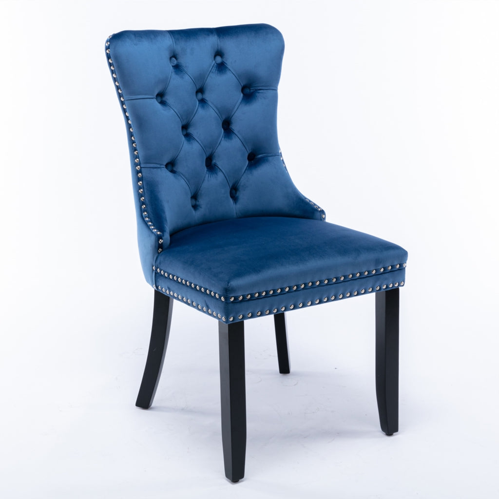 2x Velvet Dining Chairs Upholstered Tufted Kitchen Chair with Solid Wood Legs Stud Trim and Ring-Blue