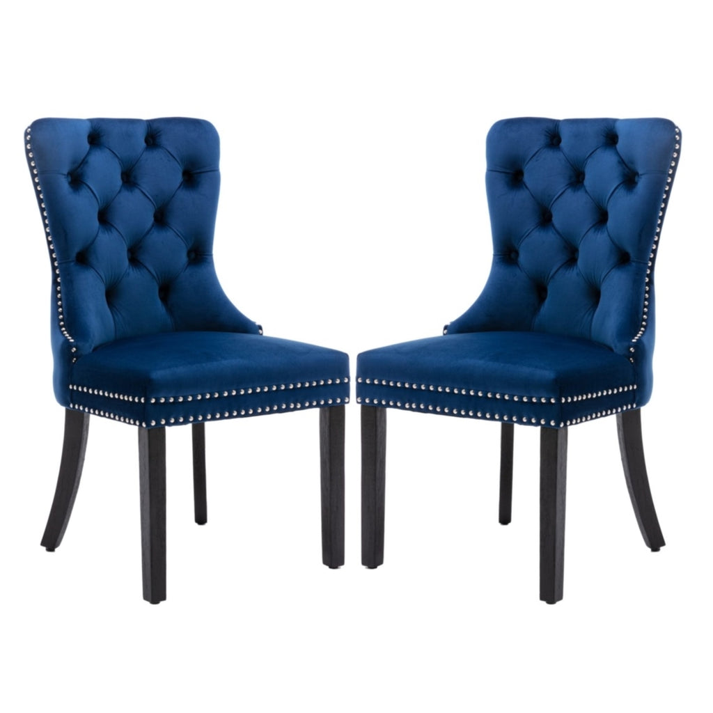 2x Velvet Dining Chairs Upholstered Tufted Kitchen Chair with Solid Wood Legs Stud Trim and Ring-Blue