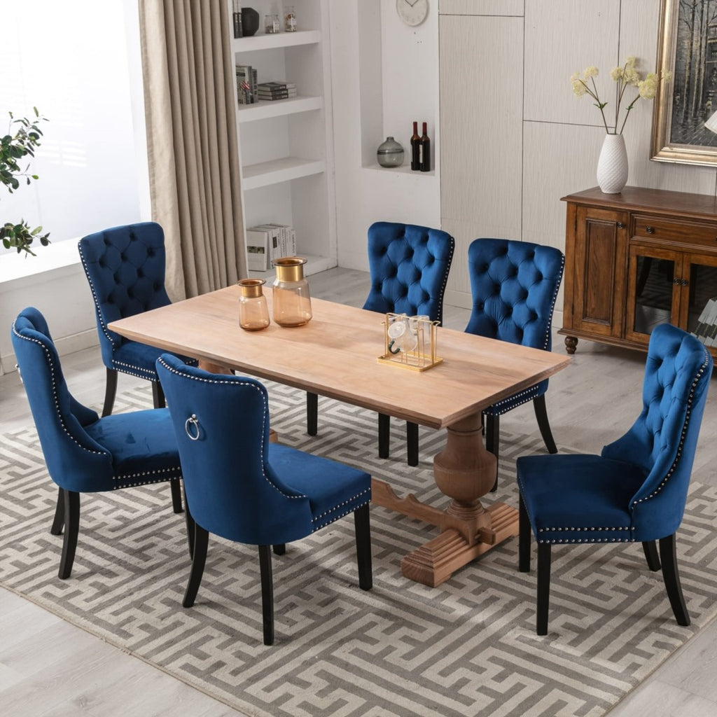 2x Velvet Dining Chairs Upholstered Tufted Kitchen Chair with Solid Wood Legs Stud Trim and Ring-Blue