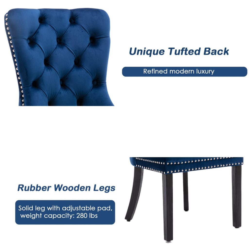 2x Velvet Dining Chairs Upholstered Tufted Kitchen Chair with Solid Wood Legs Stud Trim and Ring-Blue