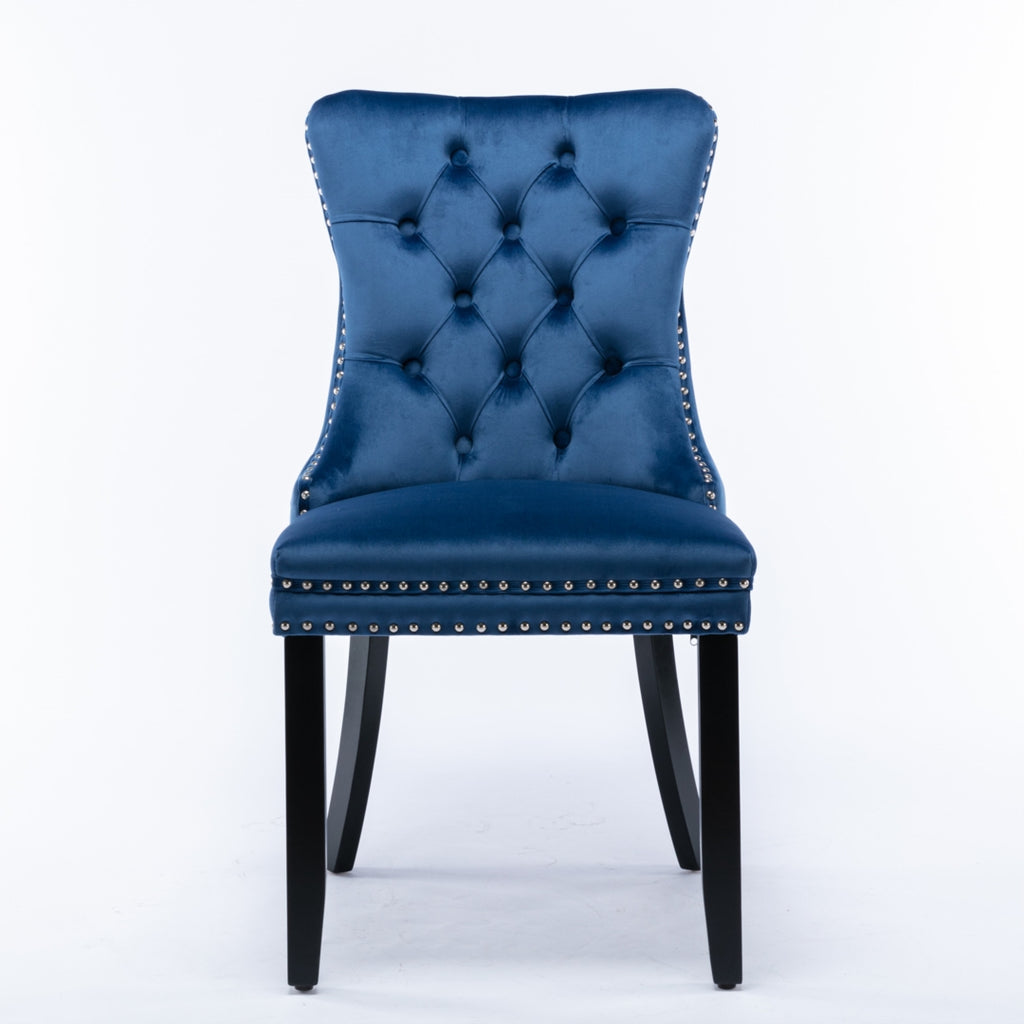 2x Velvet Dining Chairs Upholstered Tufted Kitchen Chair with Solid Wood Legs Stud Trim and Ring-Blue