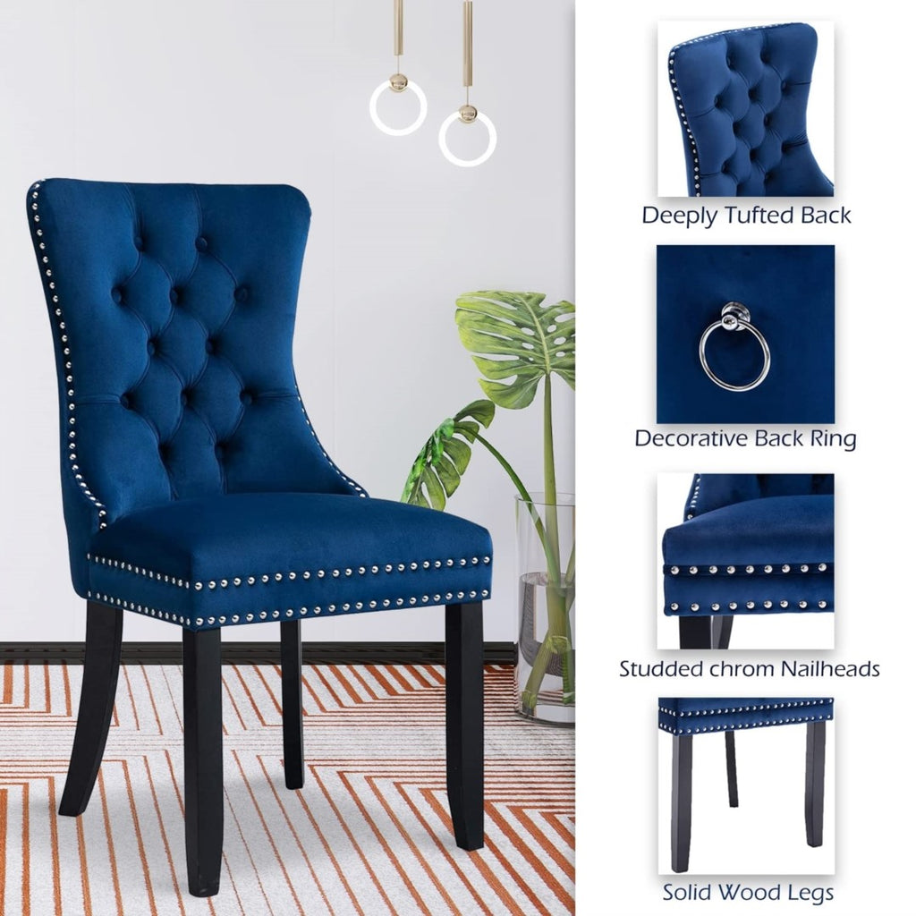 2x Velvet Dining Chairs Upholstered Tufted Kitchen Chair with Solid Wood Legs Stud Trim and Ring-Blue