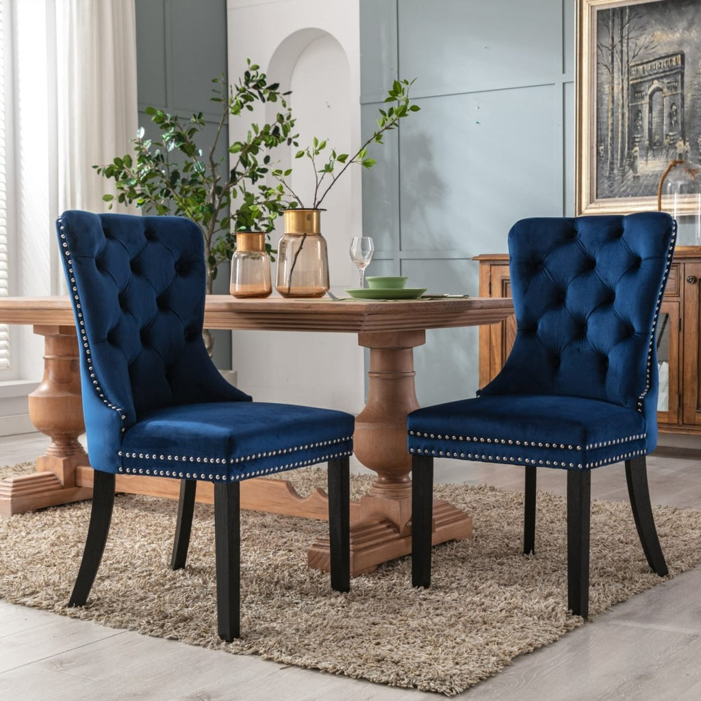 2x Velvet Dining Chairs Upholstered Tufted Kitchen Chair with Solid Wood Legs Stud Trim and Ring-Blue