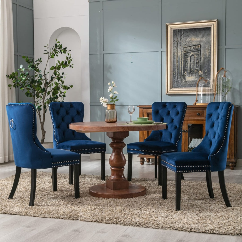 2x Velvet Dining Chairs Upholstered Tufted Kitchen Chair with Solid Wood Legs Stud Trim and Ring-Blue