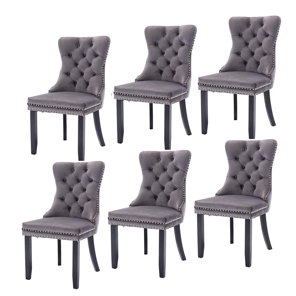 6x Velvet Dining Chairs Upholstered Tufted Kithcen Chair with Solid Wood Legs Stud Trim and Ring-Gray